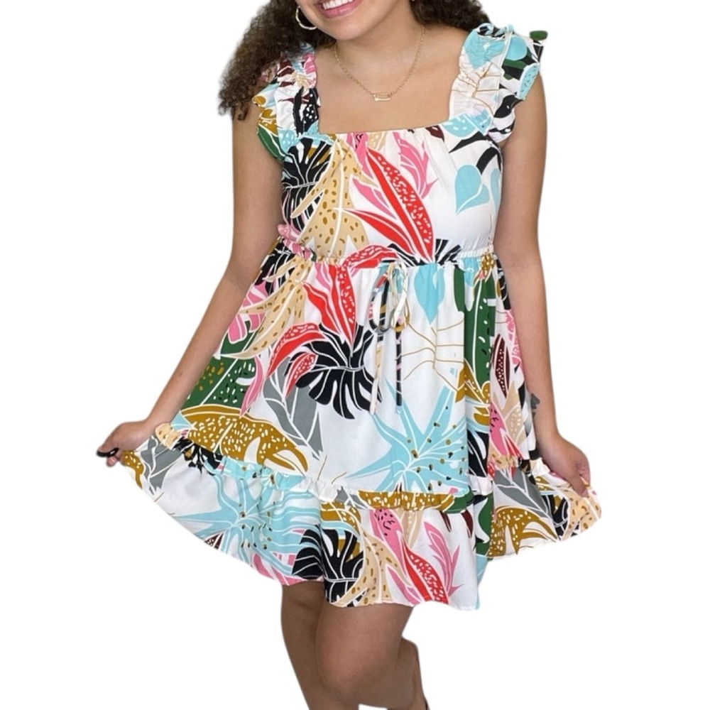 Jodifl‎ Mini Dress Womens S White Multicolor Tropical Leaf Ruffle Sleeve Boho